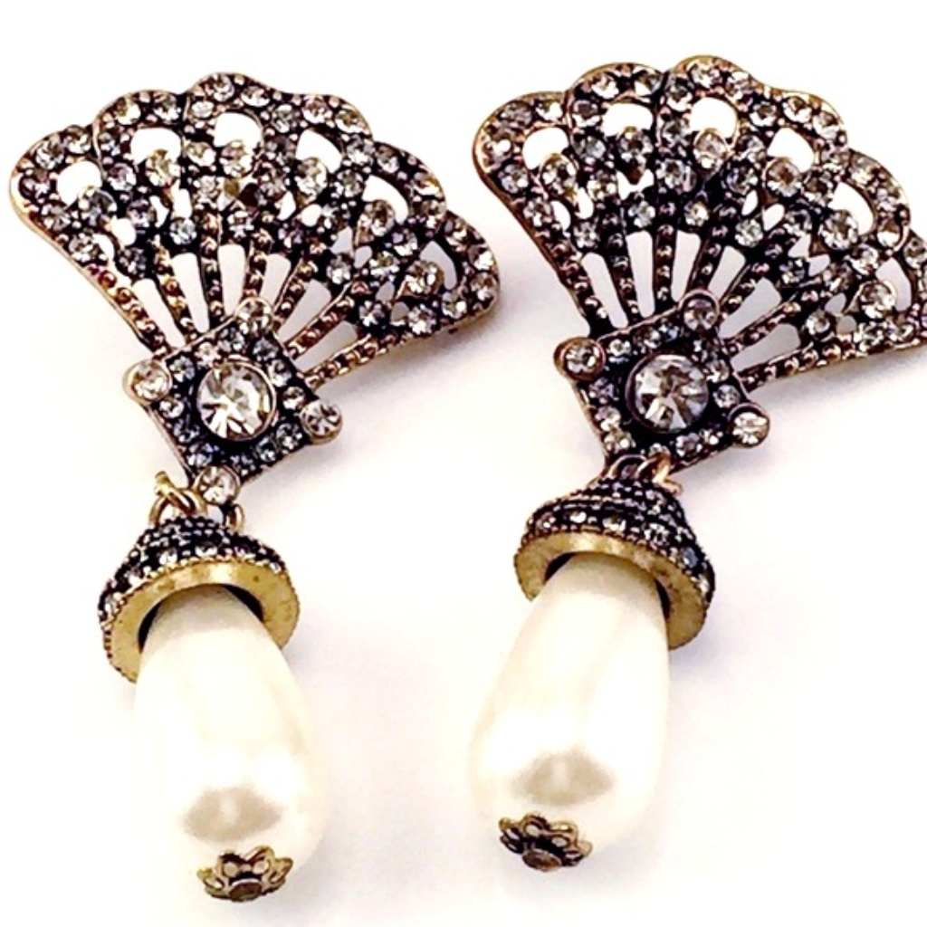 Art Deco Revival Fan Earrings Pearl New Gold